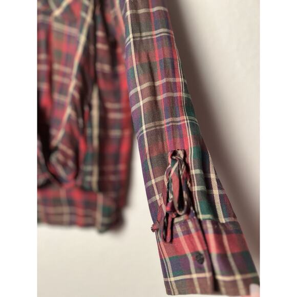 Lauren Ralph Lauren Plaid Twist Front Blouse L Red Green Long Sleeve Draped - Picture 4 of 11